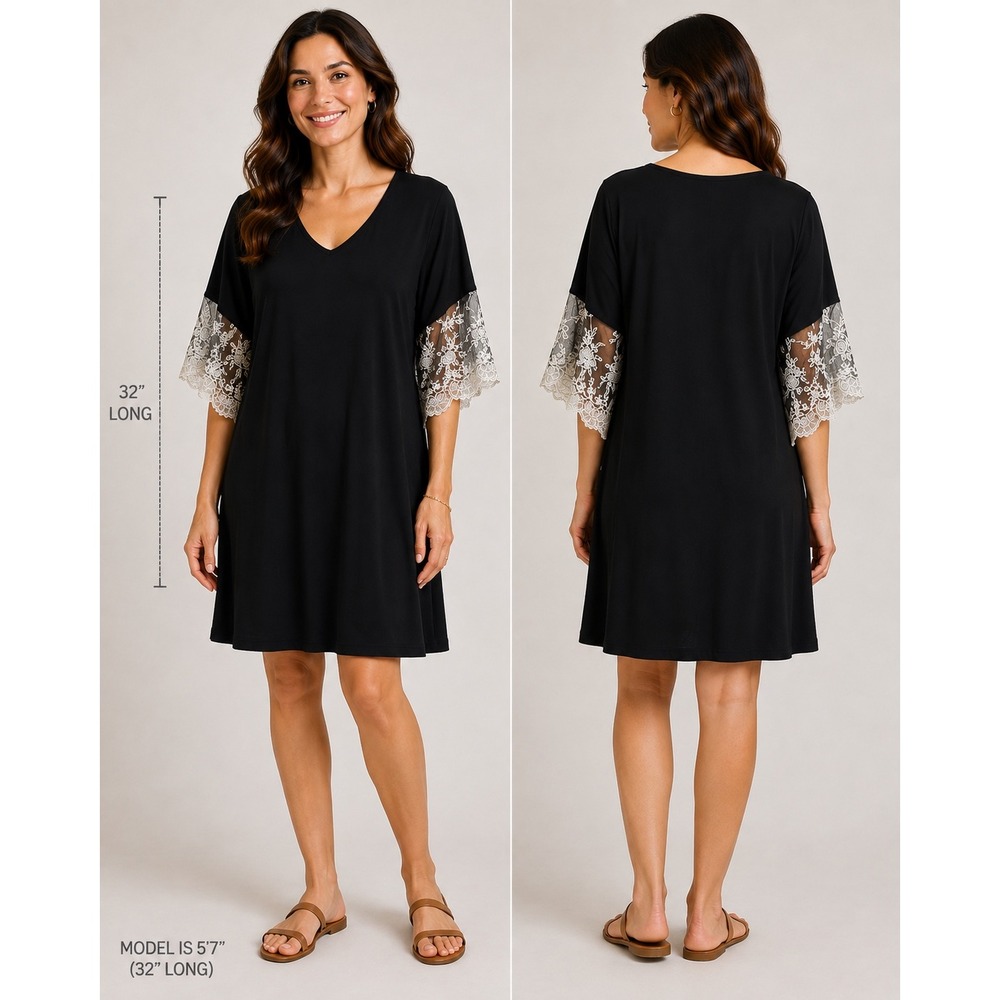 Roz & Ali 2X Plus Size Black Dress White Floral Lace Bell Sleeve Flowy Romantic